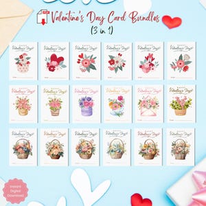 Paquetes de tarjetas imprimibles de Feliz Día de San Valentín, temática floral, canasta de flores vintage, San Valentín para el aula, descarga instantánea en PDF, etiquetas de regalo