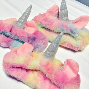 Unicorn Headband for Girls – Plush Rainbow Skincare Hair Band with Glitter Horn – Spa Party Gift, Sleepover, Cute Teen Accessories