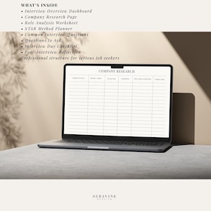 May include: A laptop screen showing a "Company Research" template, with a list of interview preparation tools. The text includes "Interview Overview Dashboard," "STAR Method Planner," and "Common Interview Questions." The laptop is on a light grey surface.