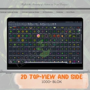Peut inclure: Un écran d'ordinateur portable affichant une grille de plus de 1000 blocs de plantes en 2D, vue de dessus et de côté, pour la conception de paysages. Le texte "2D TOP-VIEW AND SIDE 1000+ BLOK" est affiché sous l'ordinateur portable.