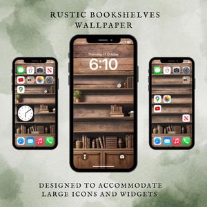 May include: A rustic wooden bookshelf wallpaper design for a smartphone home screen. The wallpaper features a bookshelf with multiple shelves and books. The wallpaper is designed to accommodate large icons and widgets.