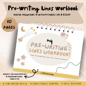 May include: A spiral-bound workbook titled "Pre-writing Lines workbook" with 10 pages. The cover features a rocket, stars, and the text "my PRE-WRITING LINES WORKBOOK!" for early learners. Includes "Fine Motor Skills" and "Early Pencil Control".