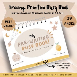 May include: A spiral-bound "Pre-Writing Busy Book" with the text "Tracing Practice Busy Book." The cover features illustrations of a rocket, stars, an apple, and a lemon. The book is designed for early learners, with 28 activity pages, and is A4 size.