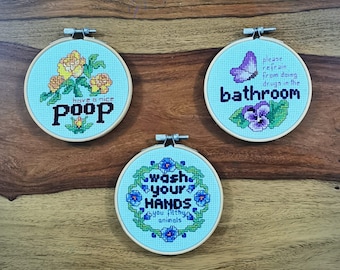 Bathroom Set Cross Stitch Pattern, xstitch counted chart, humour, funny, tutorial, design