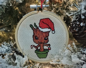 Baby Groot Christmas Tree Ornament Cross Stitch Chart, counted x-stitch, tutorial, pattern, pdf, download, marvel