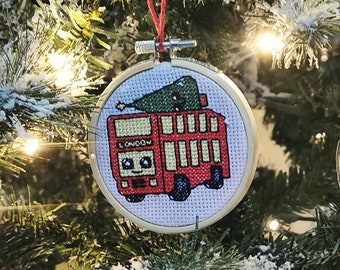 Red London Bus Christmas Tree Ornament, cross stitch chart, counted xstitch pattern, decoration, holiday, double decker