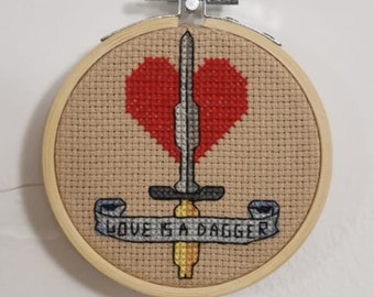 Love Is A Dagger, counted cross stitch chart, pdf pattern, Loki, Marvel, download, scroll, traditional tattoo look