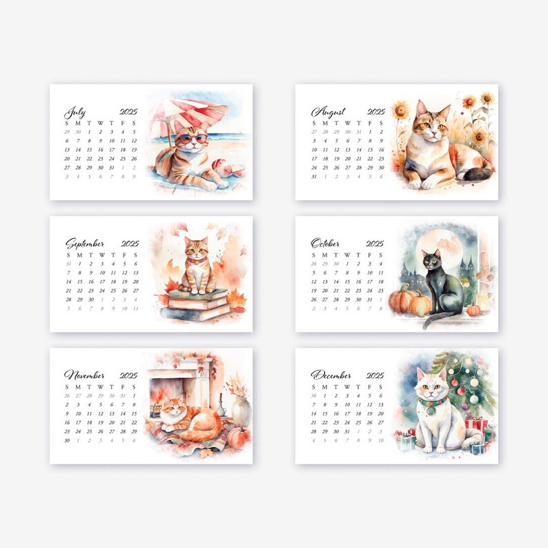 Printable Mini Calendars 2025 Watercolor Cats Design 12 Monthly Cards 3