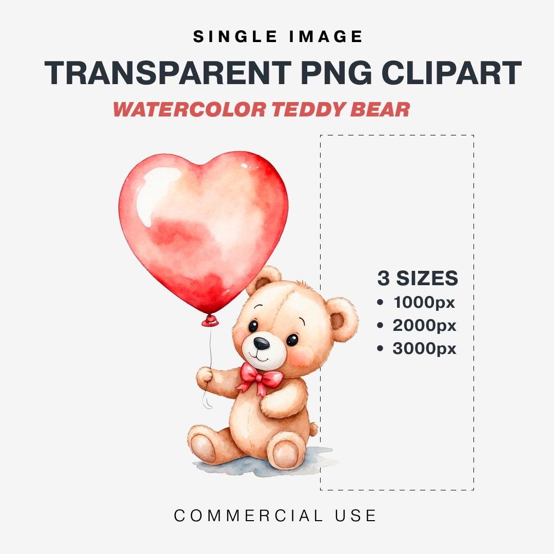 Transparent PNG Clipart Teddy Bear With Heart Balloon | Watercolor Art ...
