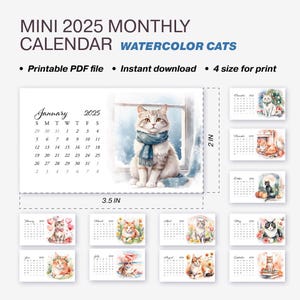 Mini calendários imprimíveis 2025 | Design de gatos em aquarela | 12 cartões mensais | 3,5 x 2 polegadas | PDF para A4, A5, US Letter