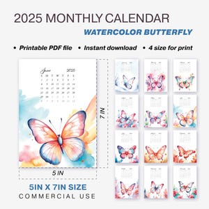 Calendario de mariposas imprimible 2025 / Tarjetas de 5 x 7 pulgadas / Ilustración en acuarela / Juego de calendario mensual / Descarga digital en formato PDF
