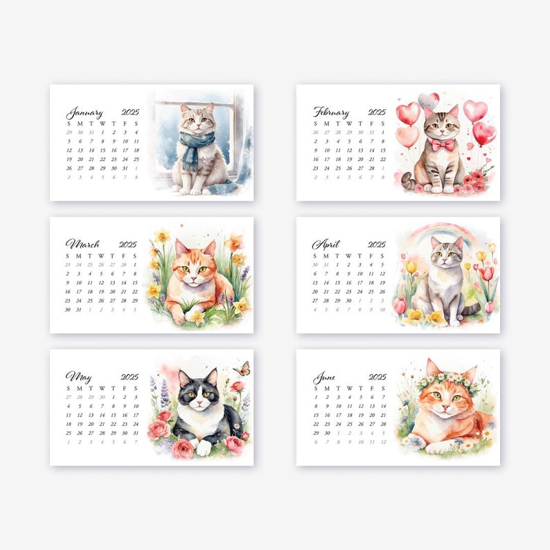 Printable Mini Calendars 2025 Watercolor Cats Design 12 Monthly Cards 3