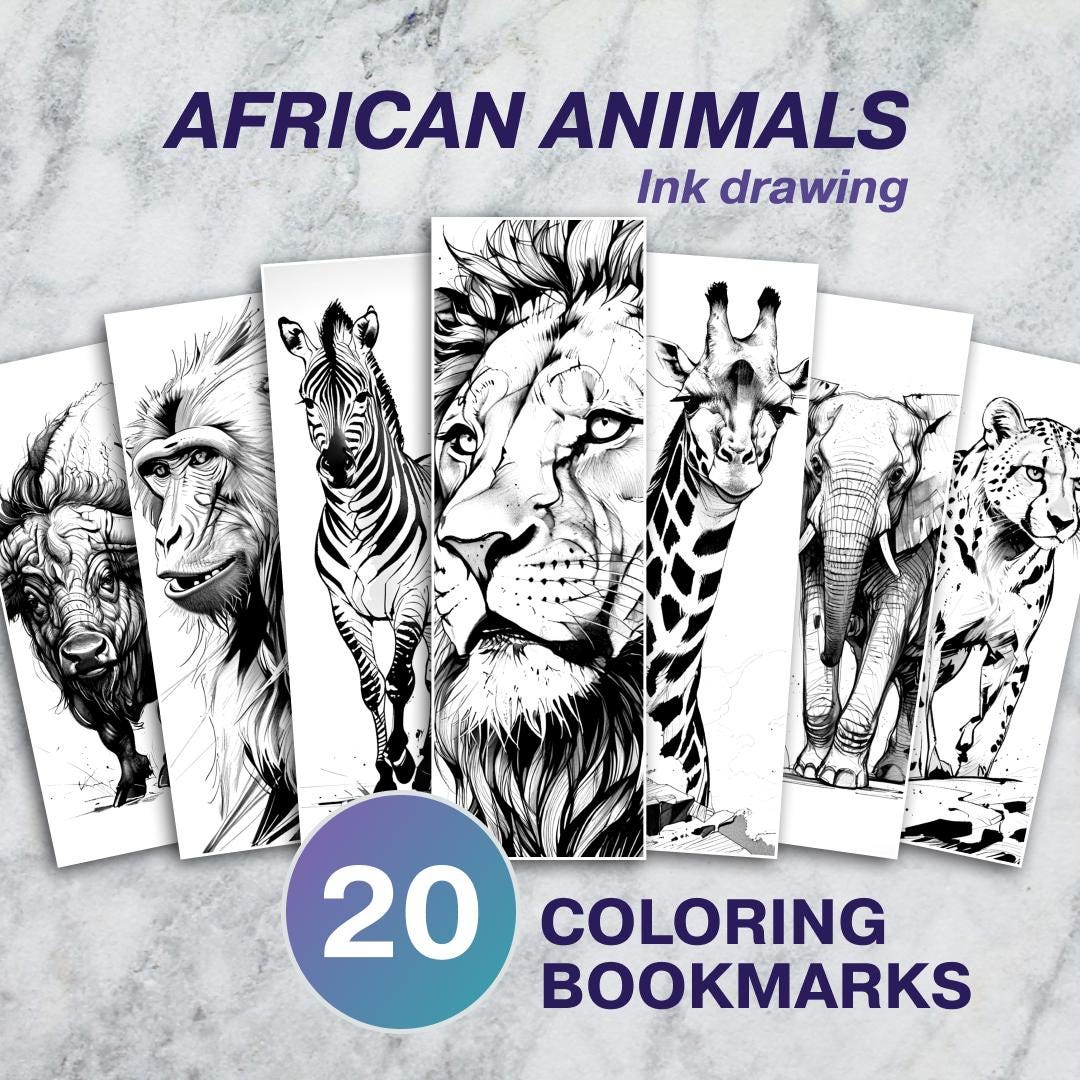Lesezeichen Afrikanische Tiere zum Ausmalen: Tuschezeichnung, 20 druckbare Seiten (PDF)