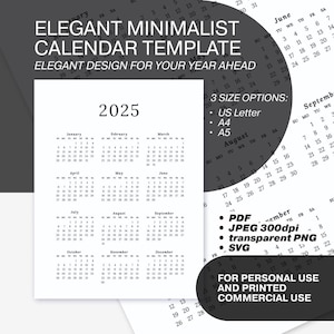 Calendario minimalista elegante 2025. Descarga digital imprimible. Tamaño carta, A4, A5. PDF, JPEG, PNG, SVG. Uso comercial imprimible.