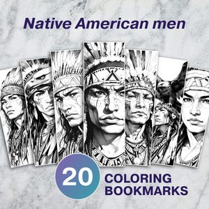 May include: Twenty black and white coloring bookmarks featuring Native American men in traditional headdresses. The bookmarks are designed for coloring and feature detailed illustrations of faces and headdresses.