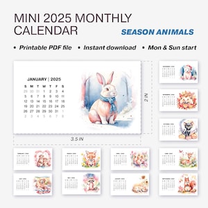 Elegante mini calendário mensal 2025 com design de animais da estação | Tamanho do cartão de visita 3,5 x 2 pol. | PDF para impressão | Download instantâneo do arquivo digital