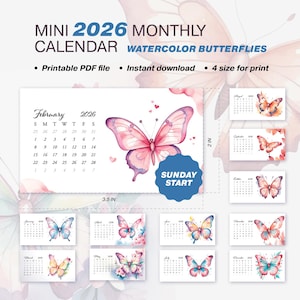 Peut inclure: Mini calendrier mensuel 2026 avec des papillons à l'aquarelle. Le calendrier principal montre février avec un grand papillon rose. Le calendrier mesure 8,89 cm de large et 5,08 cm de haut. Inclut un début dimanche et est un fichier PDF imprimable.