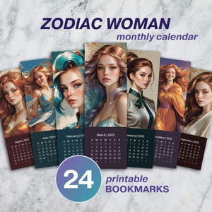 24 Lesezeichen mit Monatskalender 2025 | Schöne Sternzeichen inspirierte Frau | Druckbare Pdf Datei US letter | Sofortiger Download