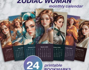24 Lesezeichen mit Monatskalender 2025 | Schöne Sternzeichen inspirierte Frau | Druckbare Pdf Datei US letter | Sofortiger Download