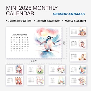 かわいい季節の動物デザインが入ったミニ月間 2025 カレンダー | 12 ヶ月カード | 3.5 x 2 インチ | A4、A5、US レター用 PDF