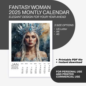 2025 Monthly Fantasy Woman Calendar - Printable PDFs in US Letter, A4, and A5 Sizes - 12 Pages of Enchanting Artwork. Instant download