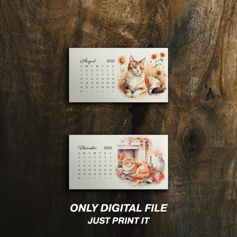 Printable Mini Calendars 2025 Watercolor Cats Design 12 Monthly Cards 3