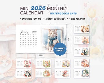 Watercolor Cats Mini Calendar 2026: Printable Monthly Cards (PDF Download A4/A5/US Letter)