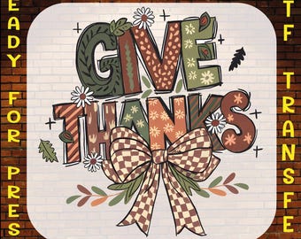Give Thanks DTF Transfer: Autumn Floral Checkered Bow Ready to Press