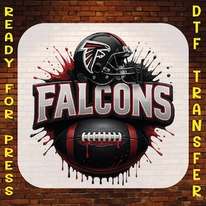 May include: A DTF transfer graphic featuring a black football helmet with a falcon logo, a football, and the word FALCONS in bold lettering. The design includes red and black paint splatter effects. The text READY FOR PRESS DTF TRANSFER is visible.
