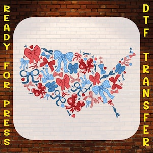USA Bow Map Dtf Transferdruck, 4. Juli, bereit zum Aufbügeln, Vaterländische Schleife, 4. Juli Landkarte, zum Aufbügeln, Rot Weiß Blau Niedliche Amerikanische Landkarte für Sie