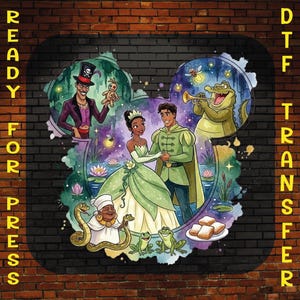 May include: DTF transfer featuring a colorful illustration of characters from a fairy tale, including a princess, prince, and alligator playing a trumpet. The words "READY FOR PRESS" and "DTF TRANSFER" are printed on the sides.
