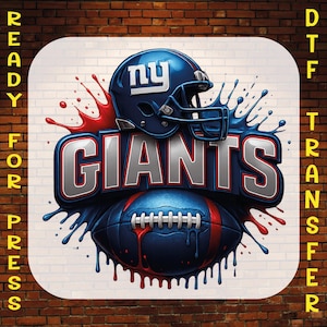 May include: DTF transfer design featuring the New York Giants logo. The design includes a blue football helmet with "ny" on it, the word "GIANTS" in silver, and a blue and red football. The words "READY FOR PRESS" and "DTF TRANSFER" are on the sides.