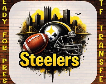 May include: A digital DTF transfer featuring a football, a helmet, and the word "Steelers" in yellow. The design includes a cityscape with a bridge and a black and yellow color scheme, set against a brick background.