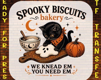 Spooky Biscuits Bakery DTF Transfer, Black Cat Ghost Cookie Halloween Ready to Press