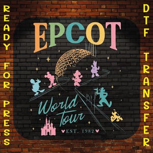 May include: A DTF transfer featuring the text EPCOT in pastel colors above a graphic of the Spaceship Earth dome, cartoon character silhouettes, and the text World Tour EST. 1982. The design includes a pink castle and stars on a black background.
