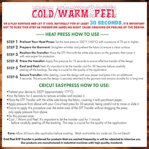 May include: A printed guide detailing heat transfer vinyl application. The text provides instructions for heat pressing, including preheating, pressing, and cooling. It also includes Cricut EasyPress instructions and care advice.