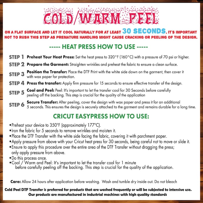 May include: A printed guide detailing heat transfer vinyl application. The text provides instructions for heat pressing, including preheating, pressing, and cooling. It also includes Cricut EasyPress instructions and care advice.