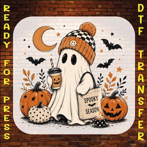 Cute Ghost Tee Ghost Halloween DTF Transfer, Spooky Coffee Fall Ready to Press