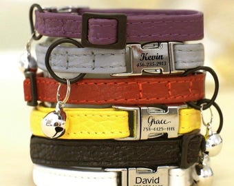 Collar de cuero personalizado para gatos, collar grabado con nombre, collar personalizado para gatos machos y hembras, hebilla metálica irrompible