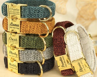 Engraved Name Dog Collar, Custom Boucle Fabric Dog Collar, Personalized Teddy Collars for Small Medium Large Dogs, Soft Woven Pet Collar