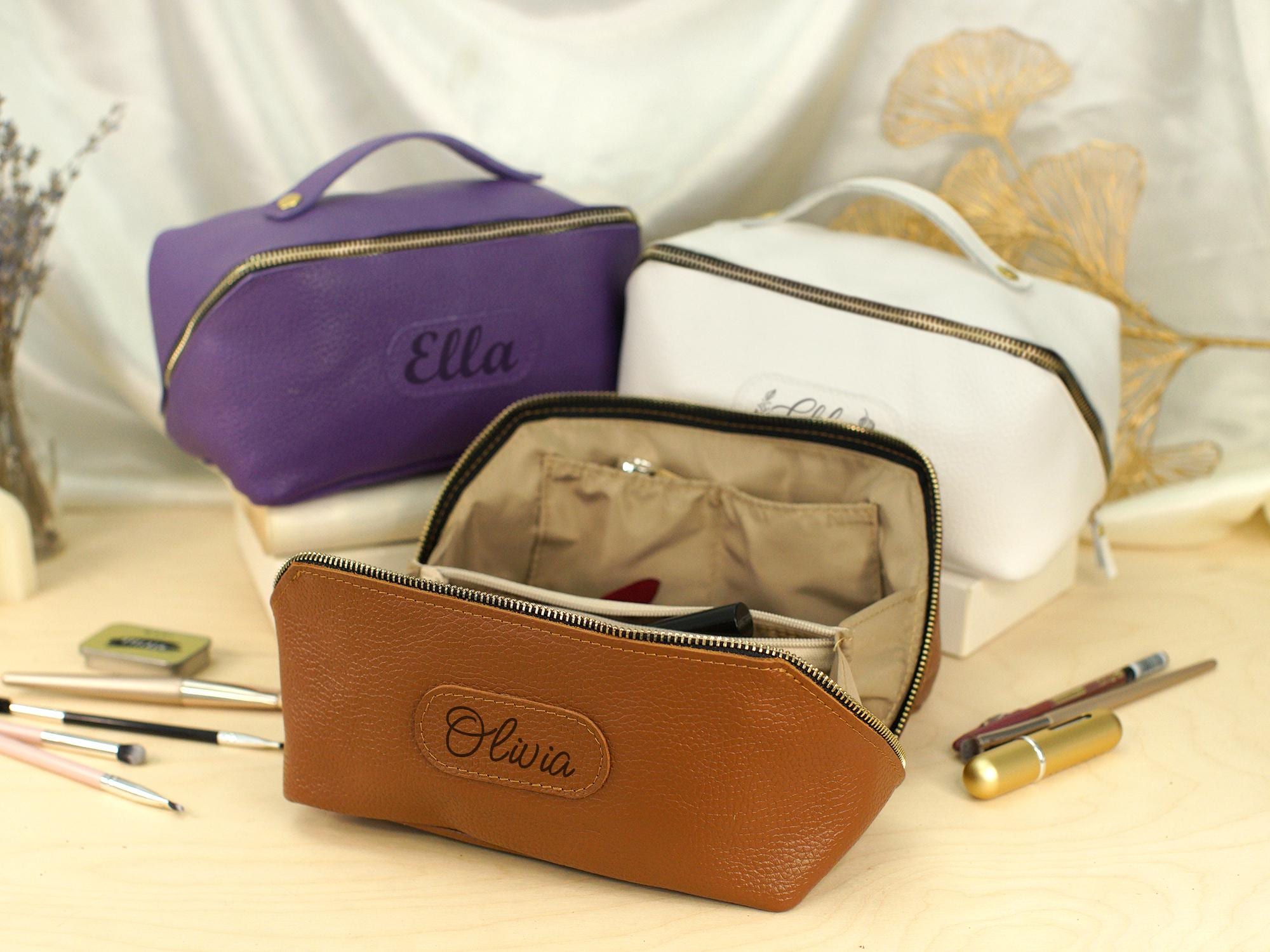 Personalized Makeup Bag with Engraved Name, Customized Wedding Bridesmaid Pouch, Leather Cosmetic Bag for Women, Travel Storage Organizer