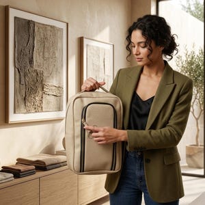 May include: A beige rectangular backpack with a vertical front zippered pocket and a top handle. The backpack features a textured exterior, black zipper trim, and a metallic zipper pull. The design is structured with clean lines and a neutral tone.