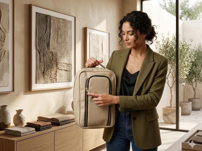 May include: A beige rectangular backpack with a vertical front zippered pocket and a top handle. The backpack features a textured exterior, black zipper trim, and a metallic zipper pull. The design is structured with clean lines and a neutral tone.