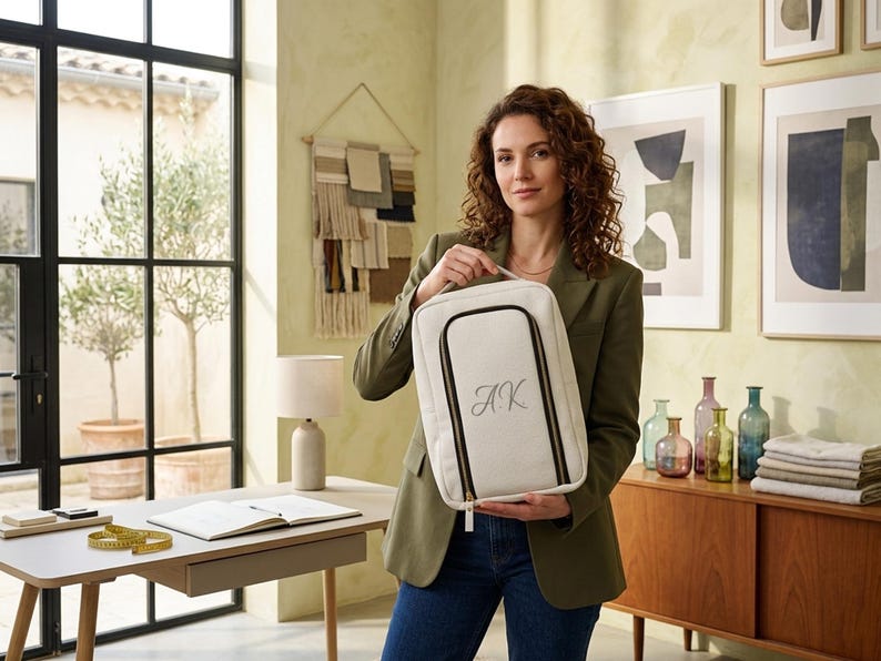 May include: A rectangular off-white travel organizer bag featuring a black zippered front pocket and the embroidered monogram initials AK in a cursive script. The bag includes a top handle and a structured design with black piping along the edges.