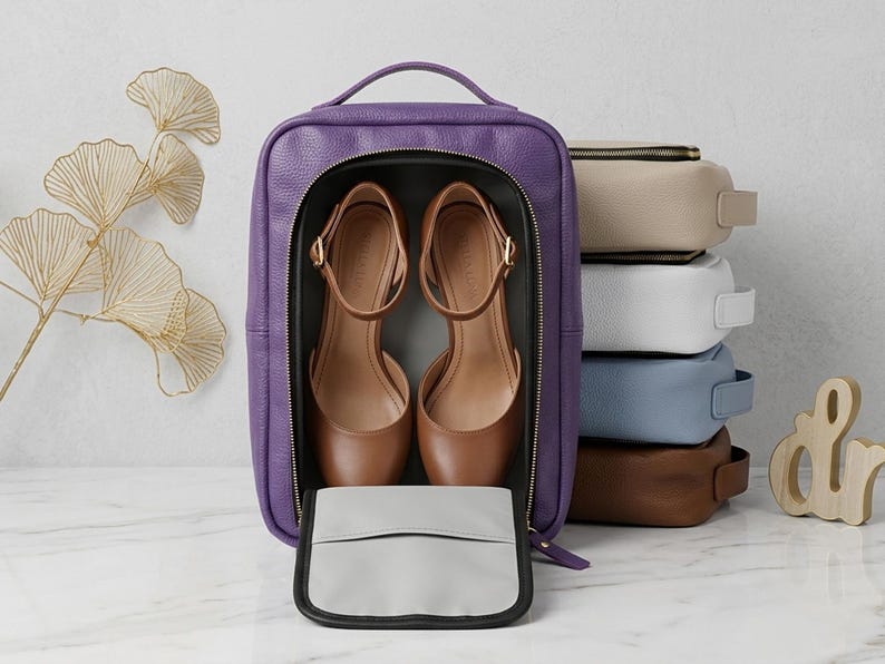 May include: A purple textured leather shoe bag with a top handle and a front zipper opening, containing a pair of tan ankle-strap heels. A stack of four similar shoe bags in beige, white, light blue, and brown sits to the right of the purple bag.
