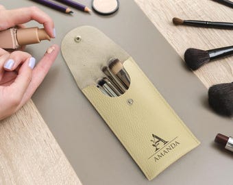 Custom Leather Makeup Brush Case, Personalized Travel Pouch, Handmade Organizer (6 1/3" x 3")