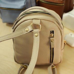 May include: A beige pebbled leather mini backpack featuring gold-tone metal hardware, a vertical zippered pocket on the back, and adjustable shoulder straps attached to a central gold ring with metal rivets.