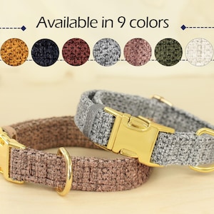 May include: Two dog collars in the image, one gray and one brown, with gold-colored metal hardware. The collars are made of a textured fabric. The text "Available in 9 colors" is displayed above the collars, with color swatches.