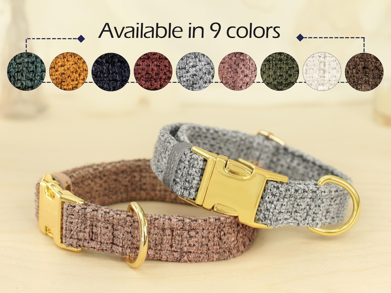 May include: Two dog collars in the image, one gray and one brown, with gold-colored metal hardware. The collars are made of a textured fabric. The text "Available in 9 colors" is displayed above the collars, with color swatches.