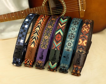 Custom Guitar Strap, Unique Pattern Nylon Guitar Strap with Soft Leather Base, Engraved Strap for Guitar, Personalized Gift for Guitarist